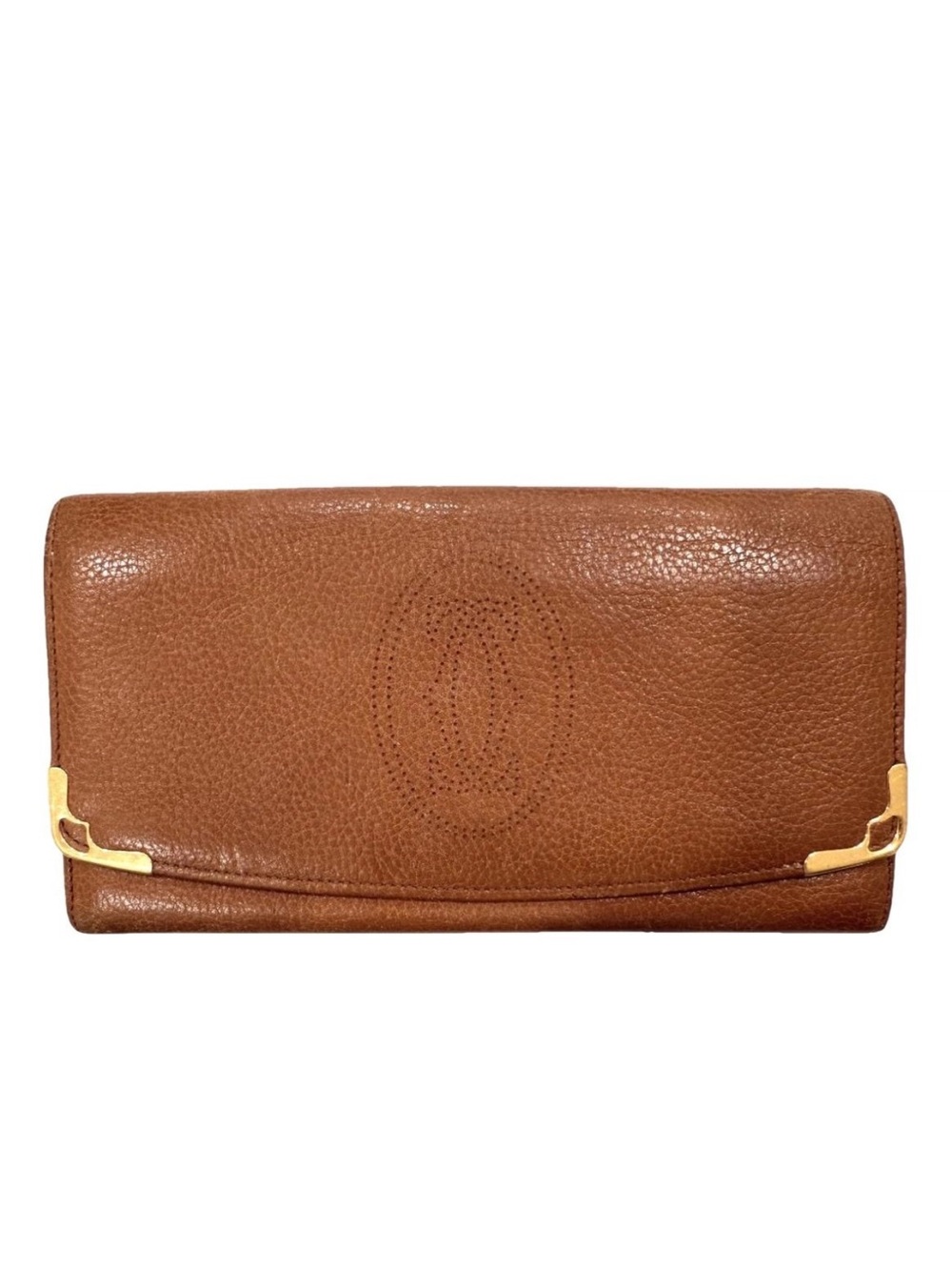 Cartier Paris Vintage Brown Pebbled Leather Long Flap Wallet Gold Accent